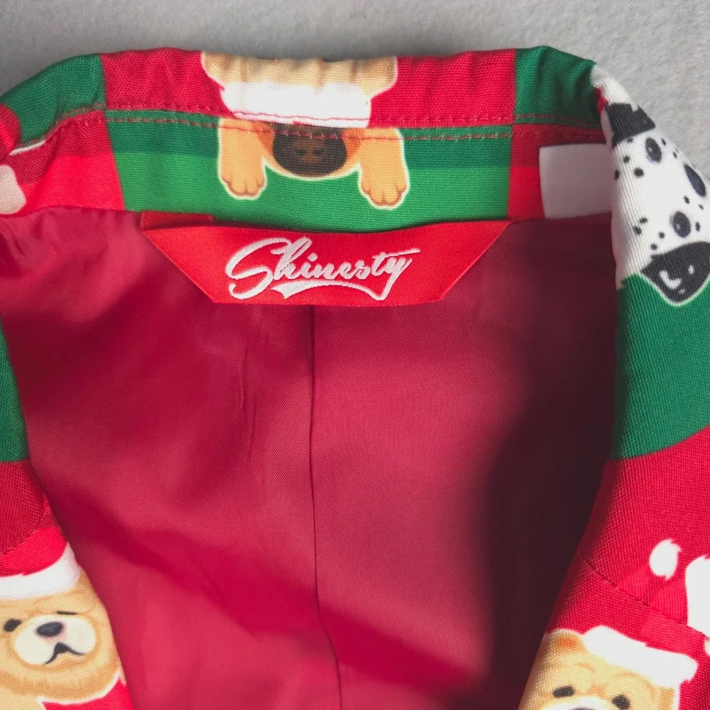 Shinesty Mens Holiday Dog Blazer Red Green Christmas Santa Hat Jacket Size 36‎